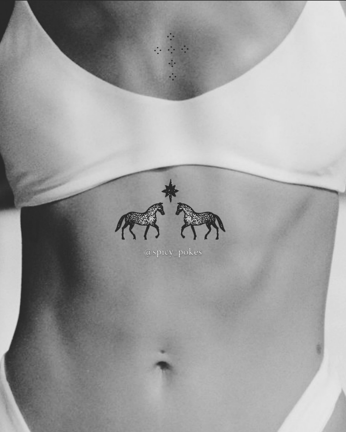Horses and star dotwork tattoo on the torso by Grace Wise - Handpoke Tattoos