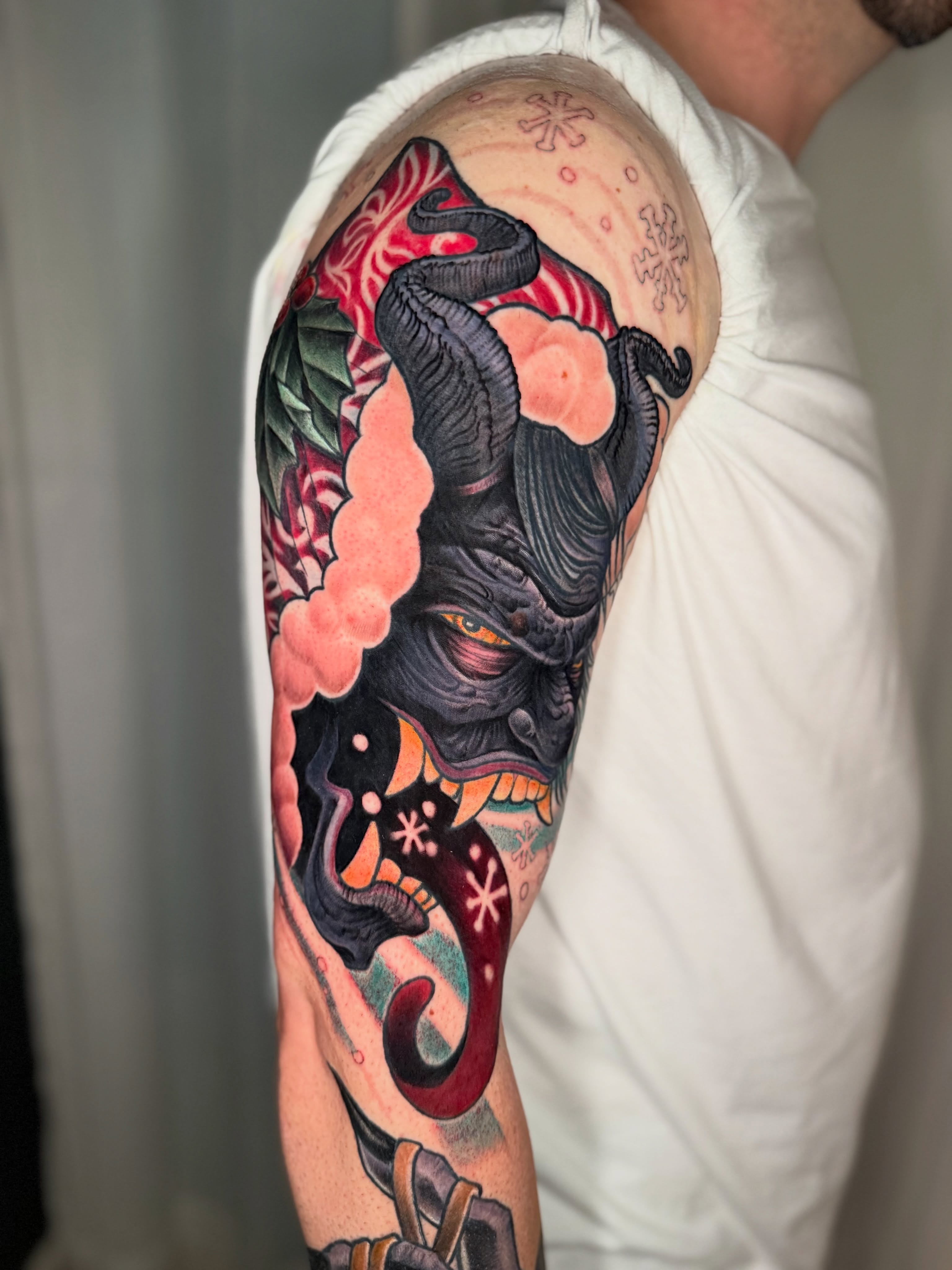 Demon mask japanese irezumi tattoo on the forearm by Missi Blue