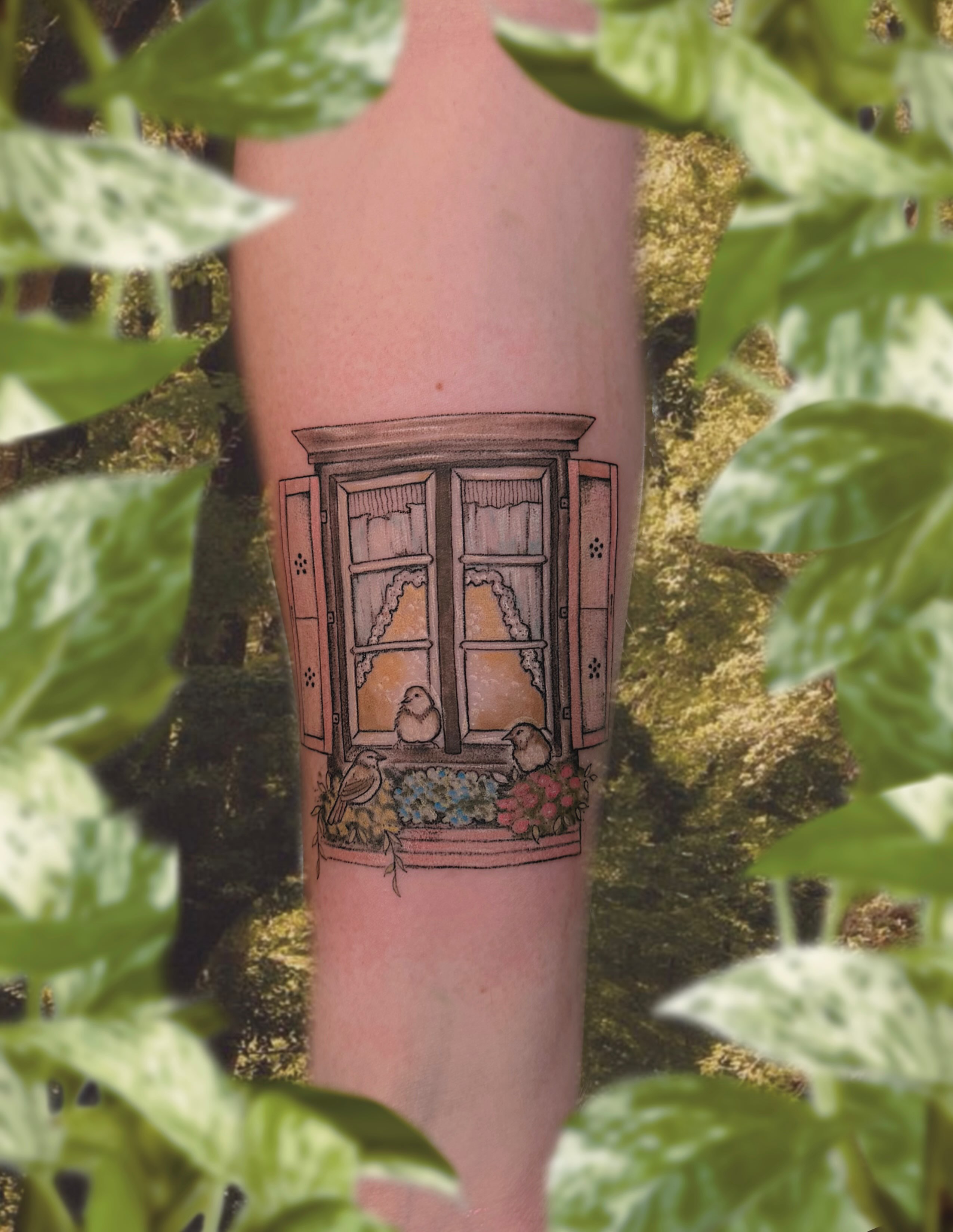 Window with birds realism tattoo on the forearm by 🌱Kennedy🌱
