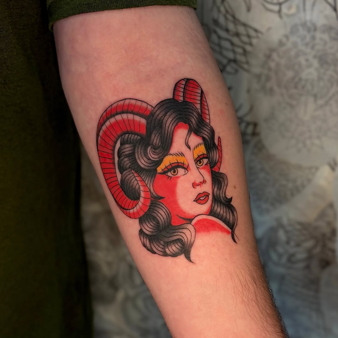 Demon woman with ram horns neo-traditional tattoo on the forearm by Danelle ✶ Nashville Tattooer