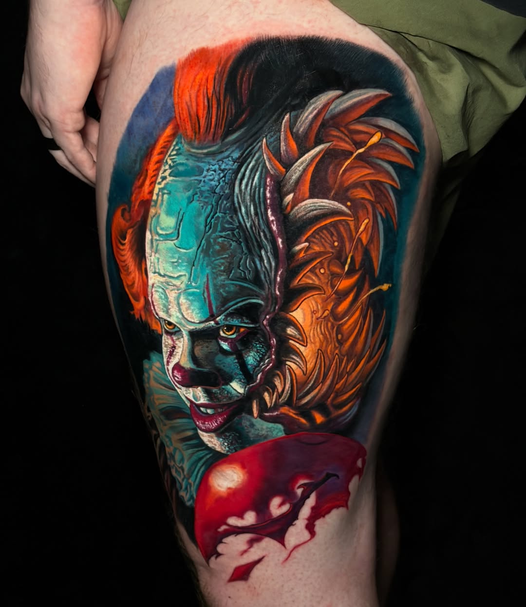 Realism tattoo on the thigh by Sean Foy