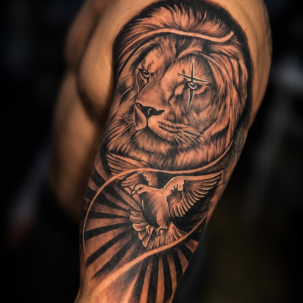 Lion and dove Chicano tattoo on the forearm by PMU Artist