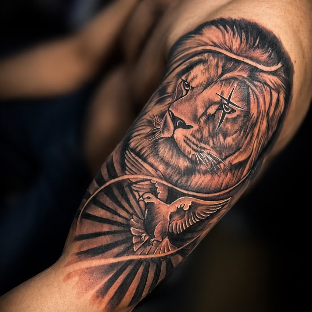 Lion and dove Chicano tattoo on the forearm by PMU Artist