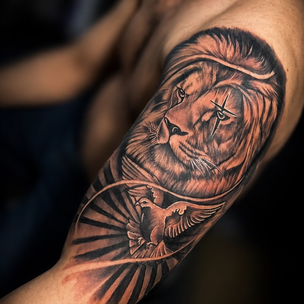Lion and dove Chicano tattoo on the forearm by PMU Artist