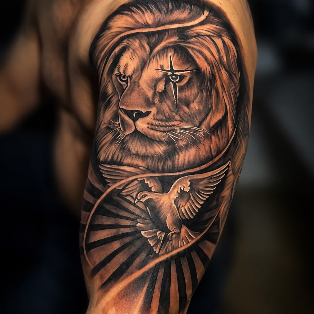 Lion and dove Chicano tattoo on the forearm by PMU Artist