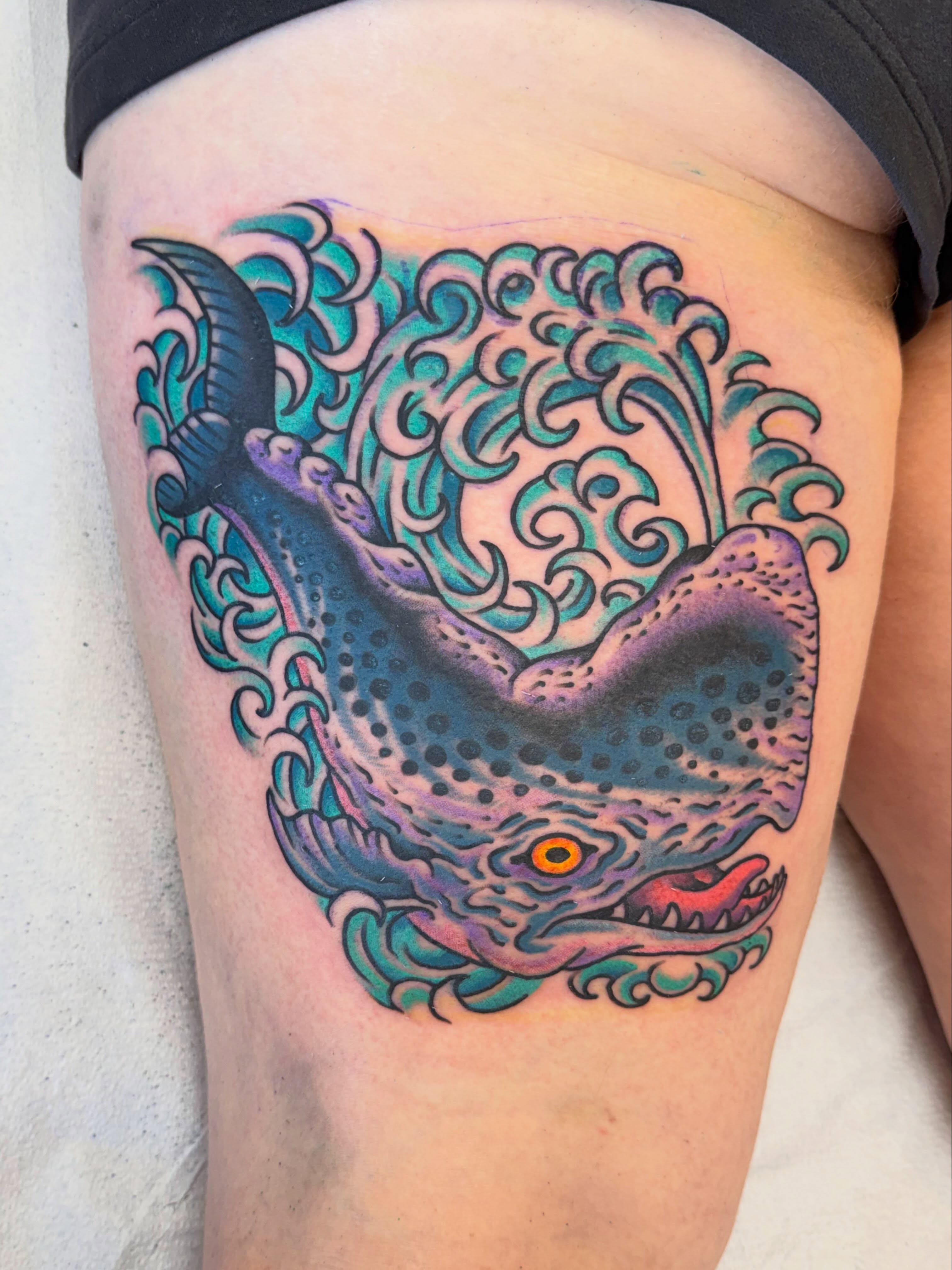Whale dotwork tattoo on the thigh by Matt Paw