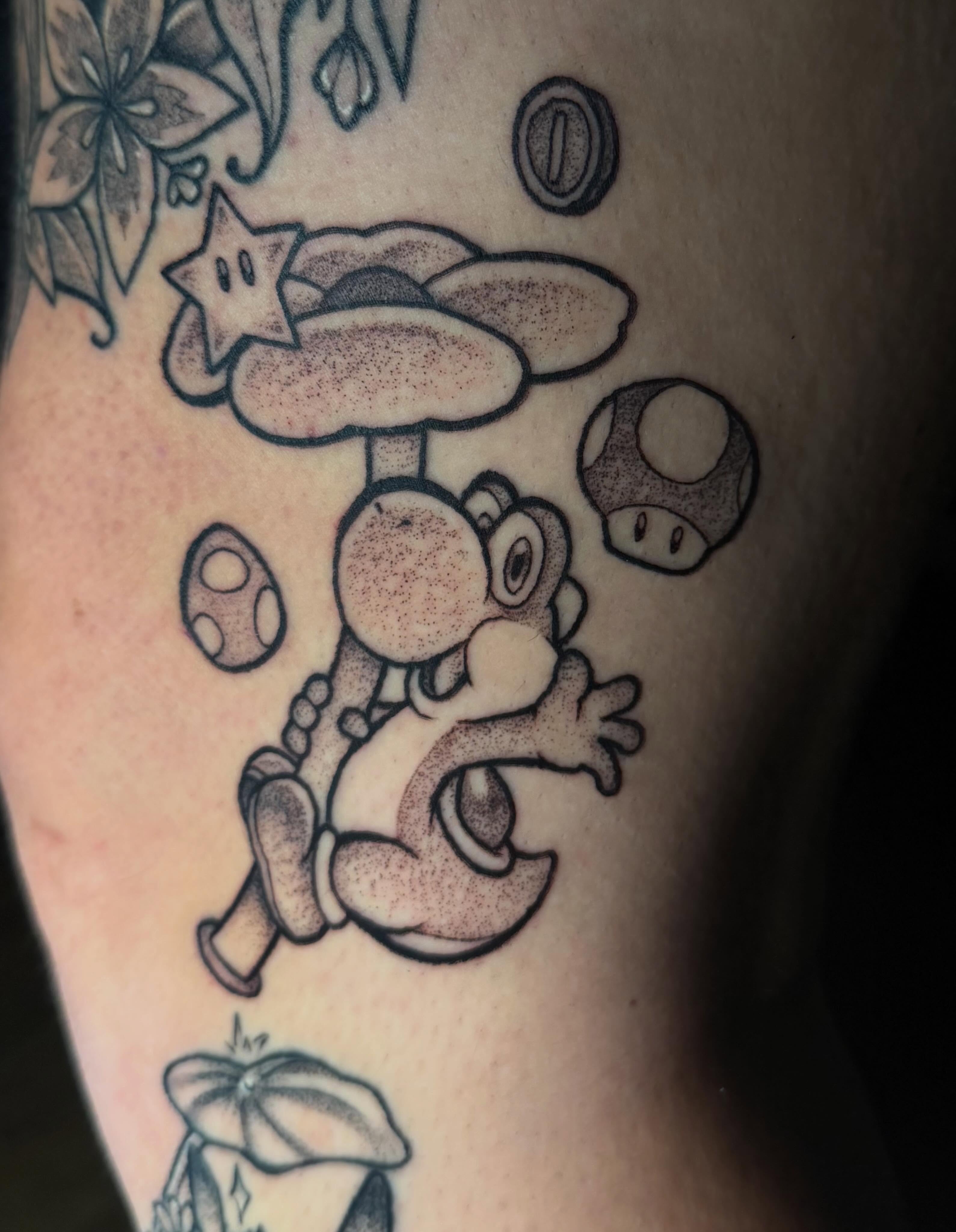 Yoshi dotwork tattoo on the forearm by Olivia Whan Tattoos🌙