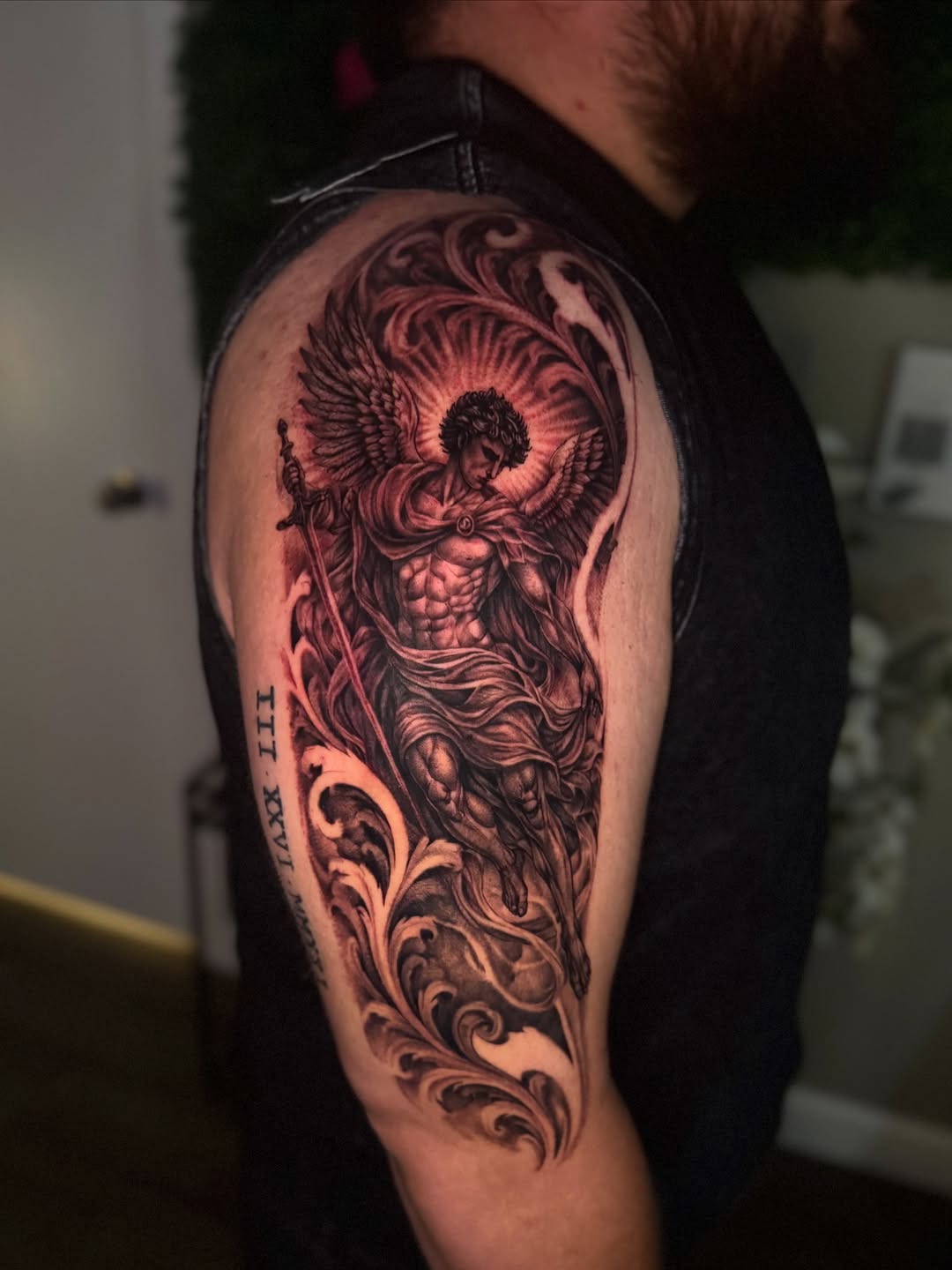 Angel with sword realism tattoo on the shoulder by Hannah Marie ๐ฆ, Benbrook, Texas