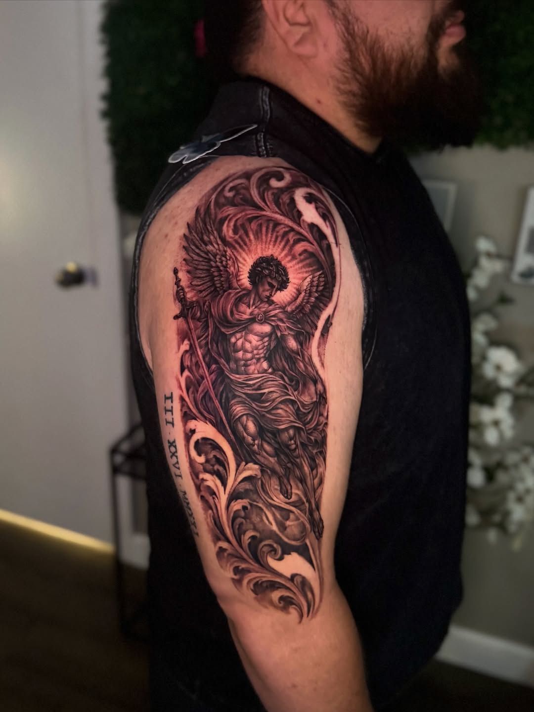 Angel with sword realism tattoo on the shoulder by Hannah Marie ๐ฆ, Benbrook, Texas