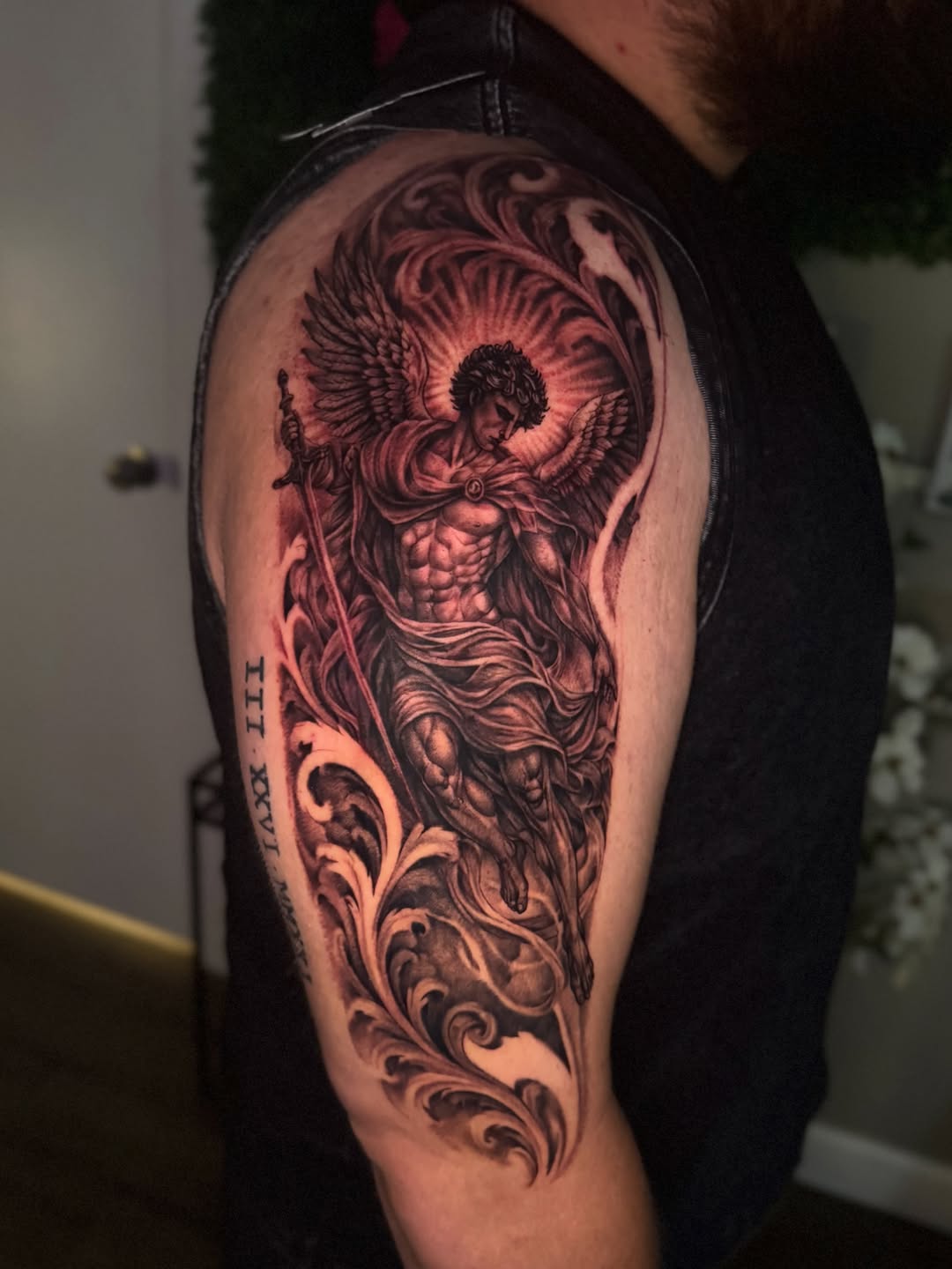 Angel with sword realism tattoo on the shoulder by Hannah Marie ๐ฆ, Benbrook, Texas