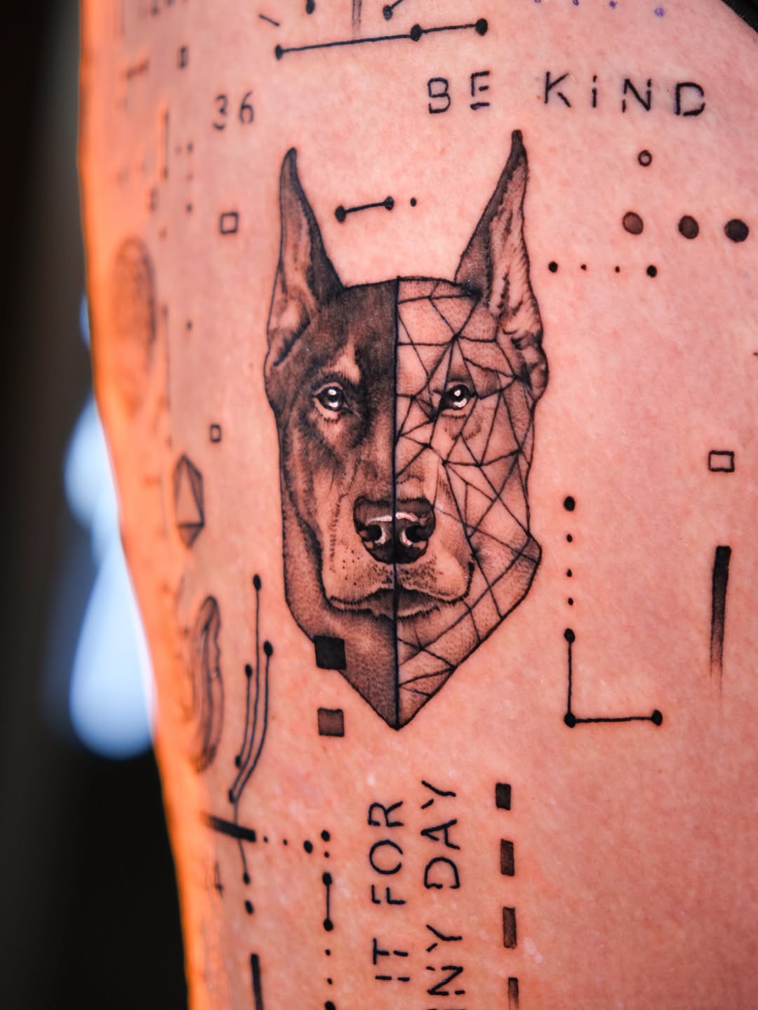 Half dog portrait with geometric patterns realism tattoo on the forearm by Tattoo Miami π