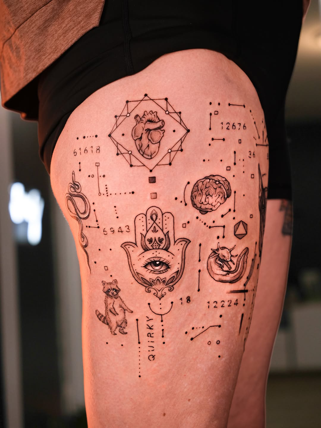 Collection of symbolic elements sketch tattoo on the thigh by Tattoo Miami π