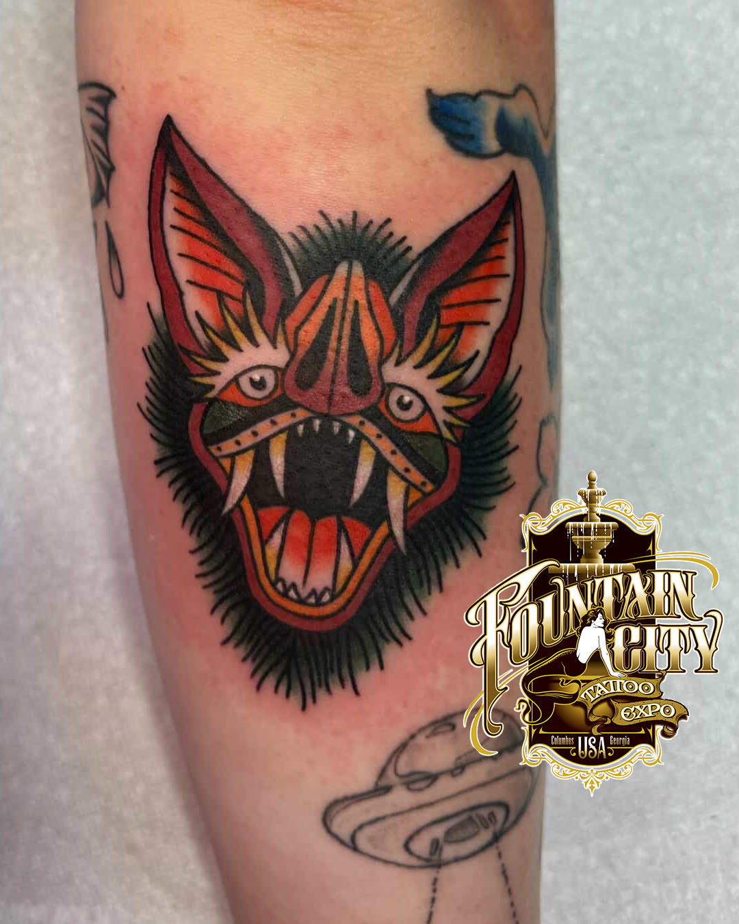 Bat mask American traditional tattoo on the forearm by ＊ Carly James ＊