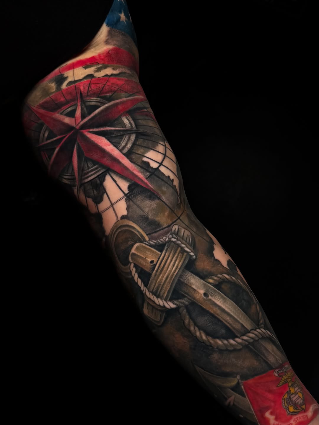 Compass, anchor, and map Japanese tattoo on the forearm by ✨ Tattoo Artist