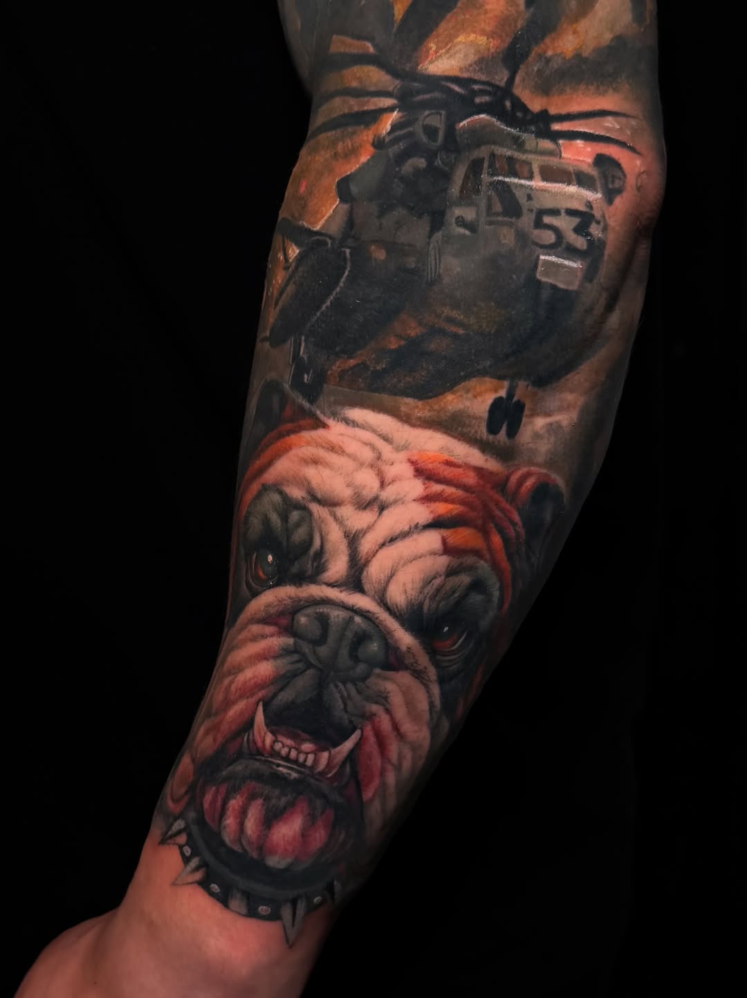Bulldog and helicopter realism tattoo on the forearm by ✨ Tattoo Artist