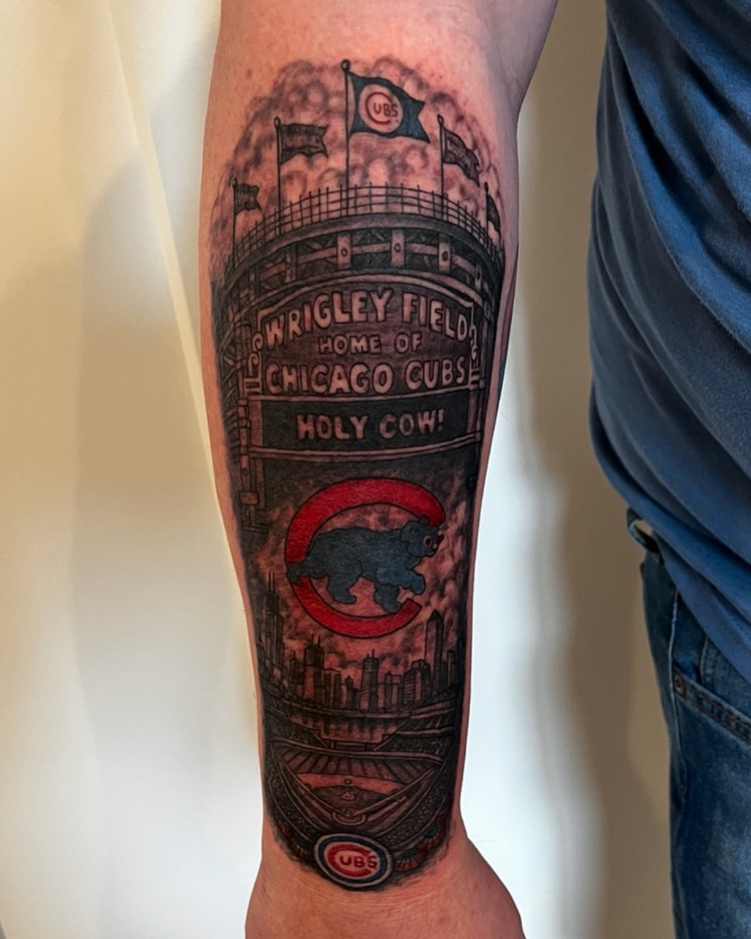 Wrigley Field Chicago Cubs black and grey tattoo on the forearm by DL Tats, Cape Girardeau, Missouri