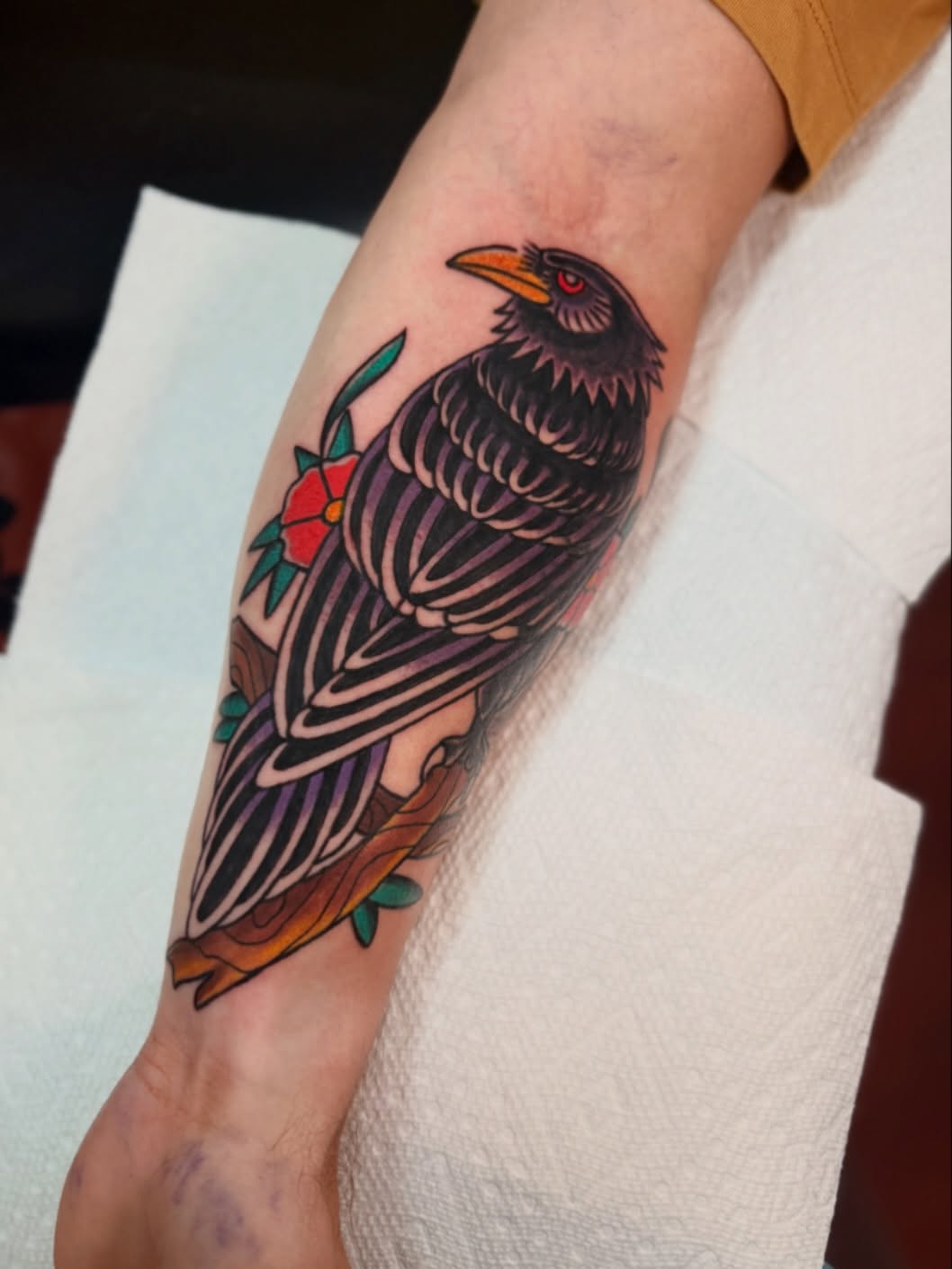 Bird American traditional tattoo on the forearm by Andre Guerra