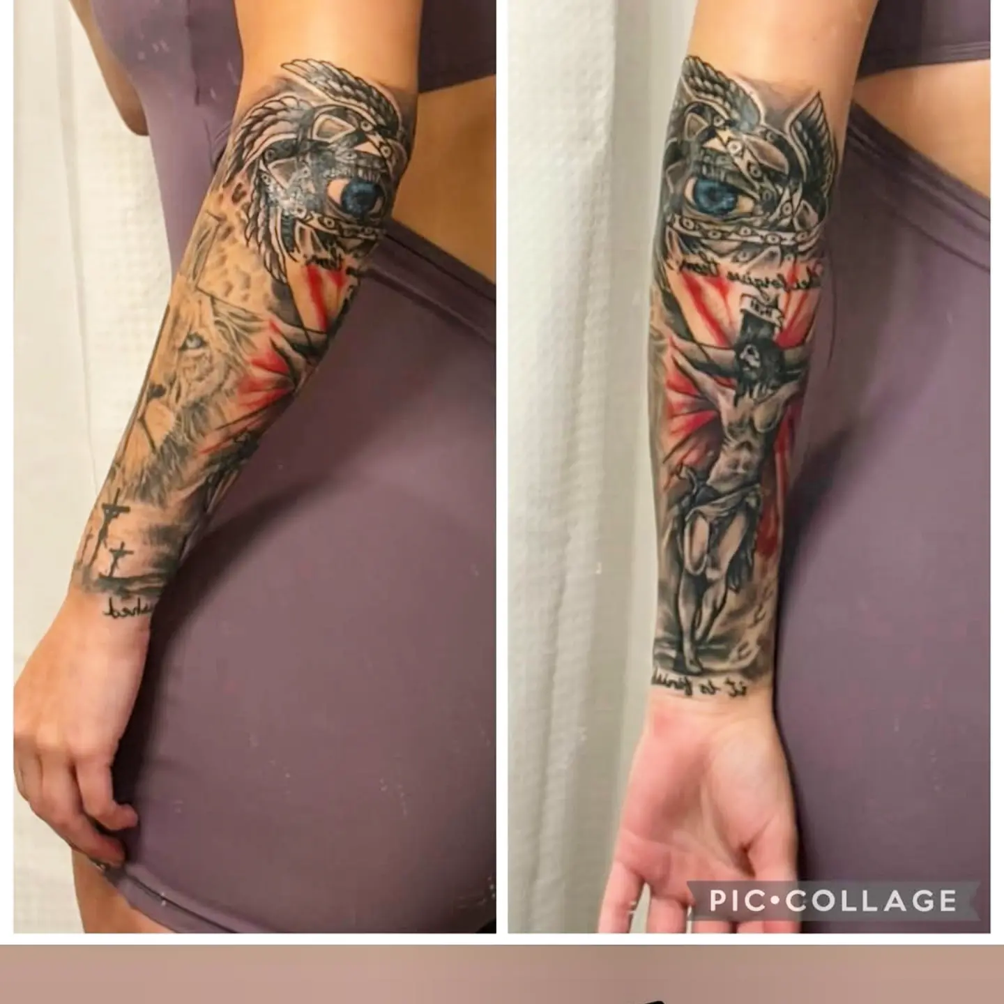 Religious iconography American traditional tattoo on the forearm by Taylor Popkins