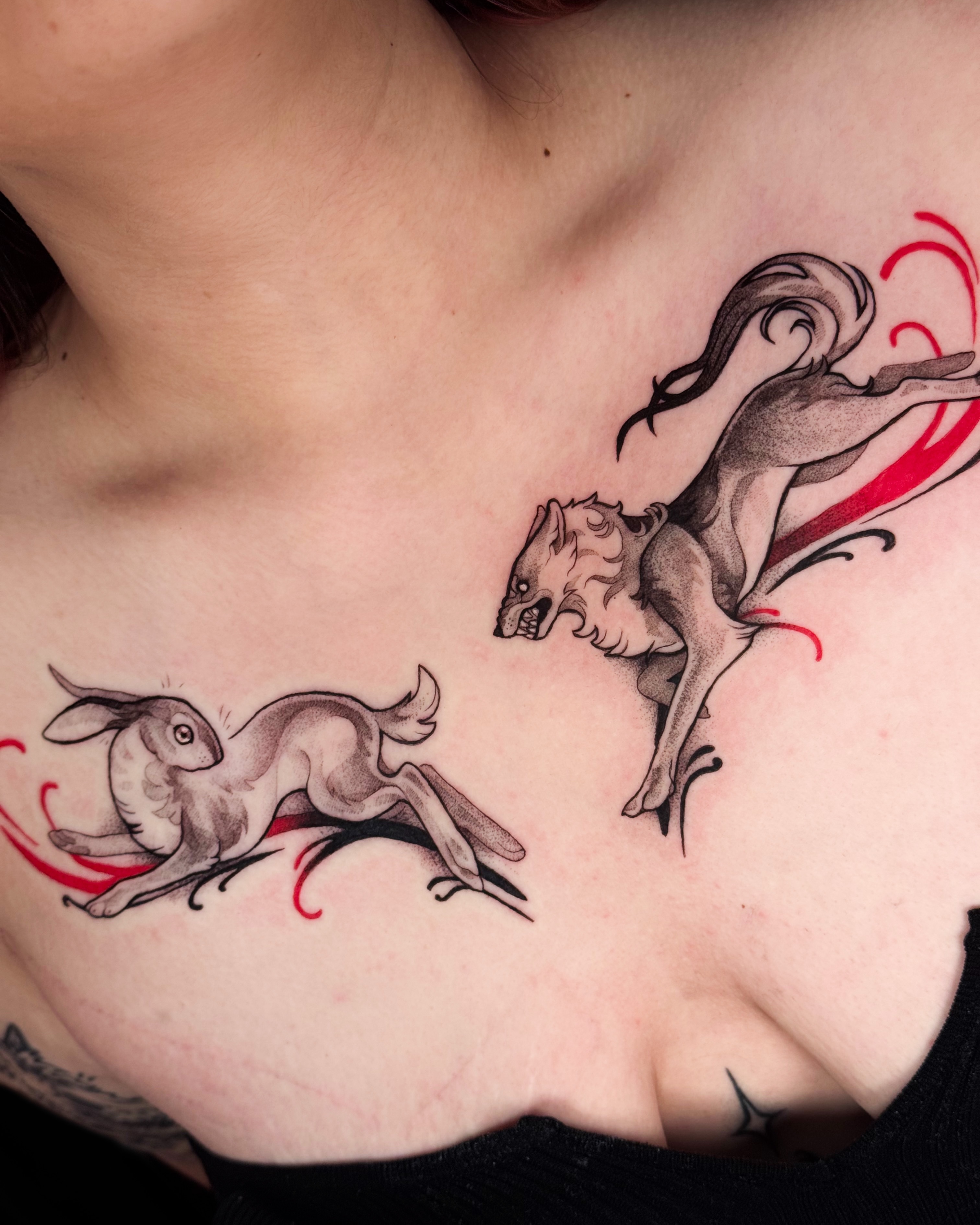 Goat and wolf black and grey tattoo on the chest by Yasemin πΉπ·π¬π§ San Jose based tattoo artist