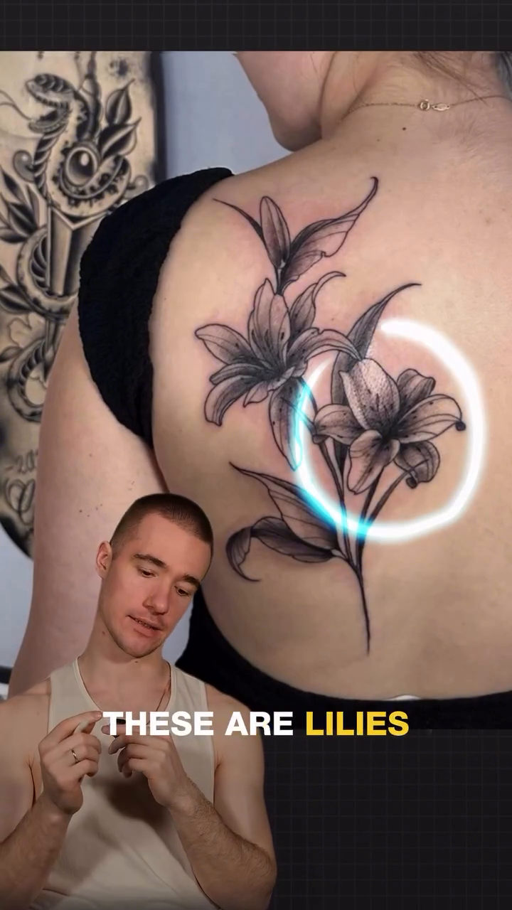 Lily flowers on back fine line tattoo on the back by Tattoo Miami π