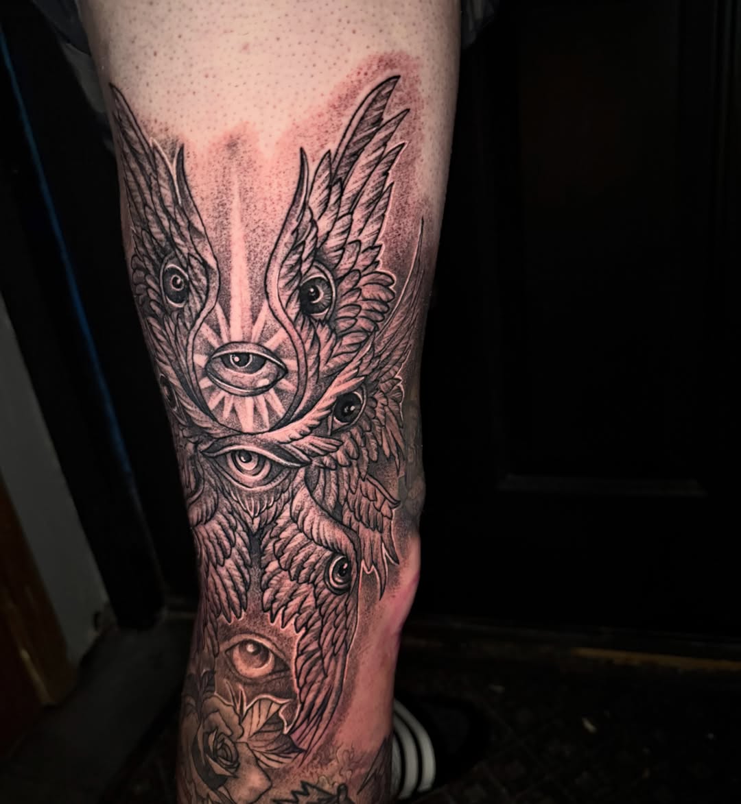 Owl eyes dotwork tattoo on the forearm by Alex Wheelock