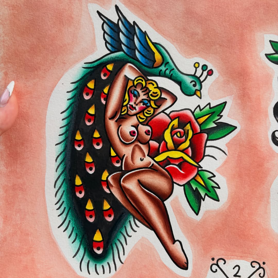 Peacock and woman American traditional tattoo on the torso by ๐ต๐๐๐๐ ๐ฎ๐๐๐๐๐๐, New Orleans, Louisiana