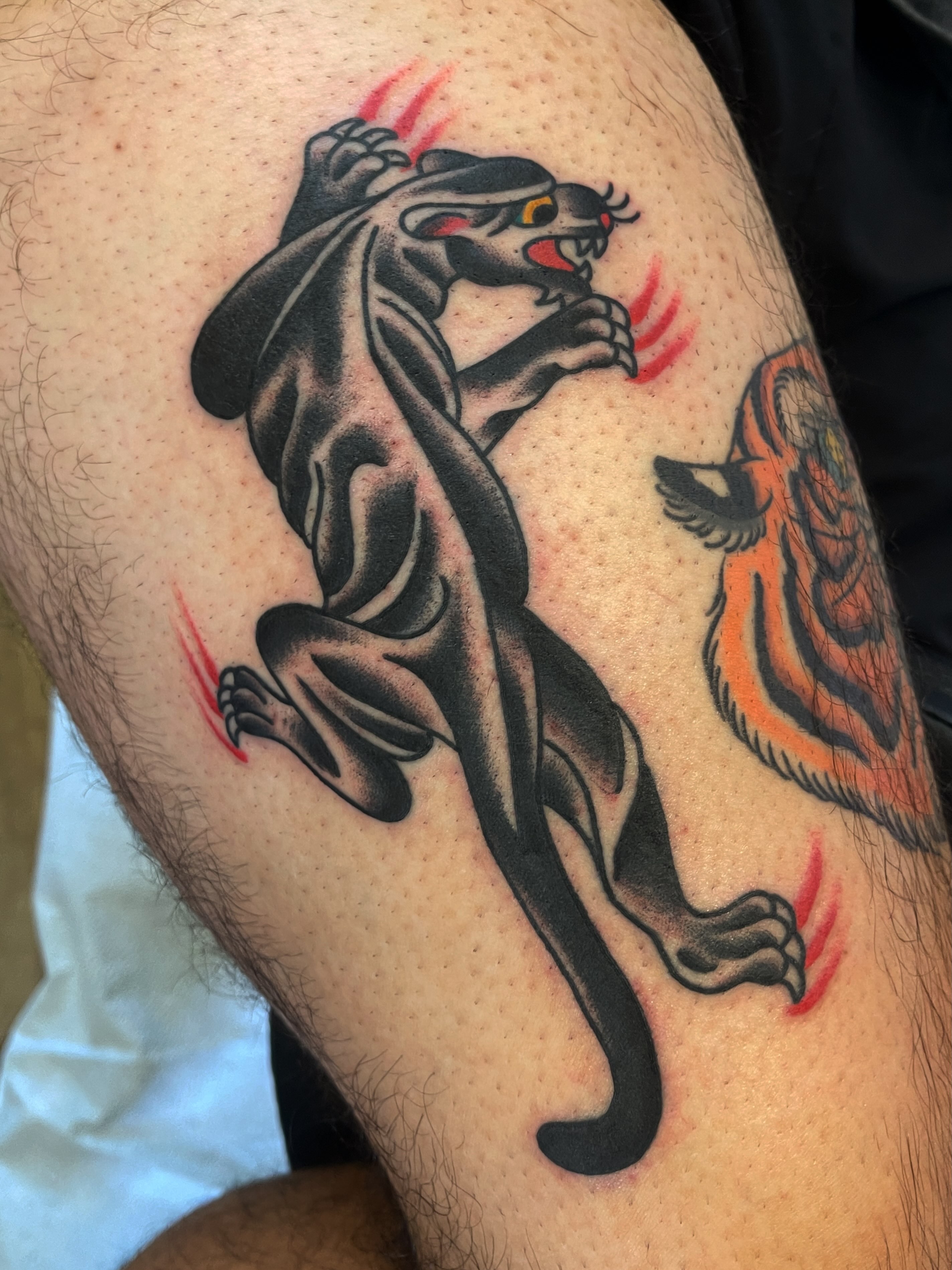 Panther American traditional tattoo on the thigh by Spencer Reisbeck
