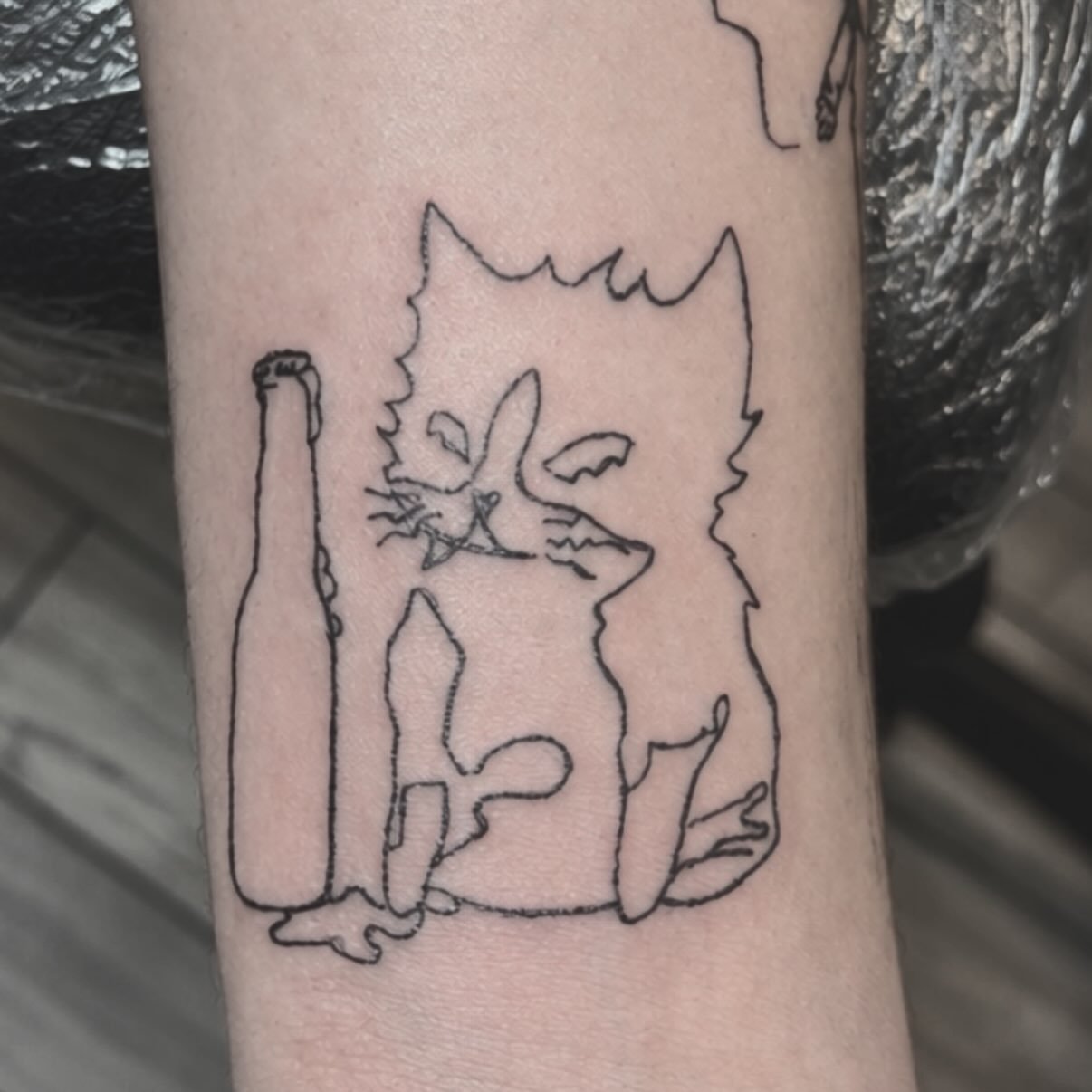 Cat drinking beer black and grey tattoo on the forearm by rylie :P