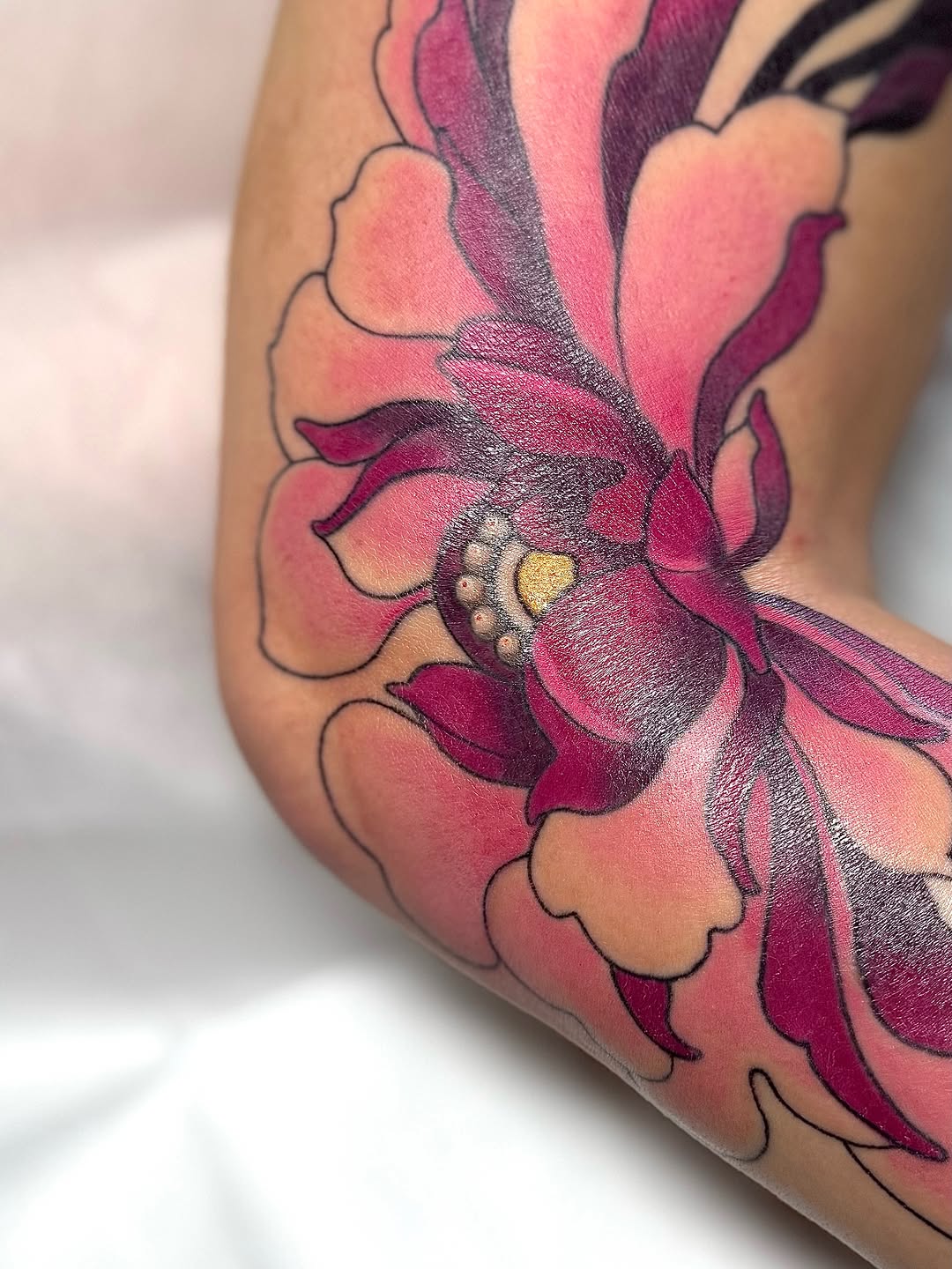 Peony flower neo-traditional tattoo on the leg by Kyndall Lynn, Waxahachie, Texas