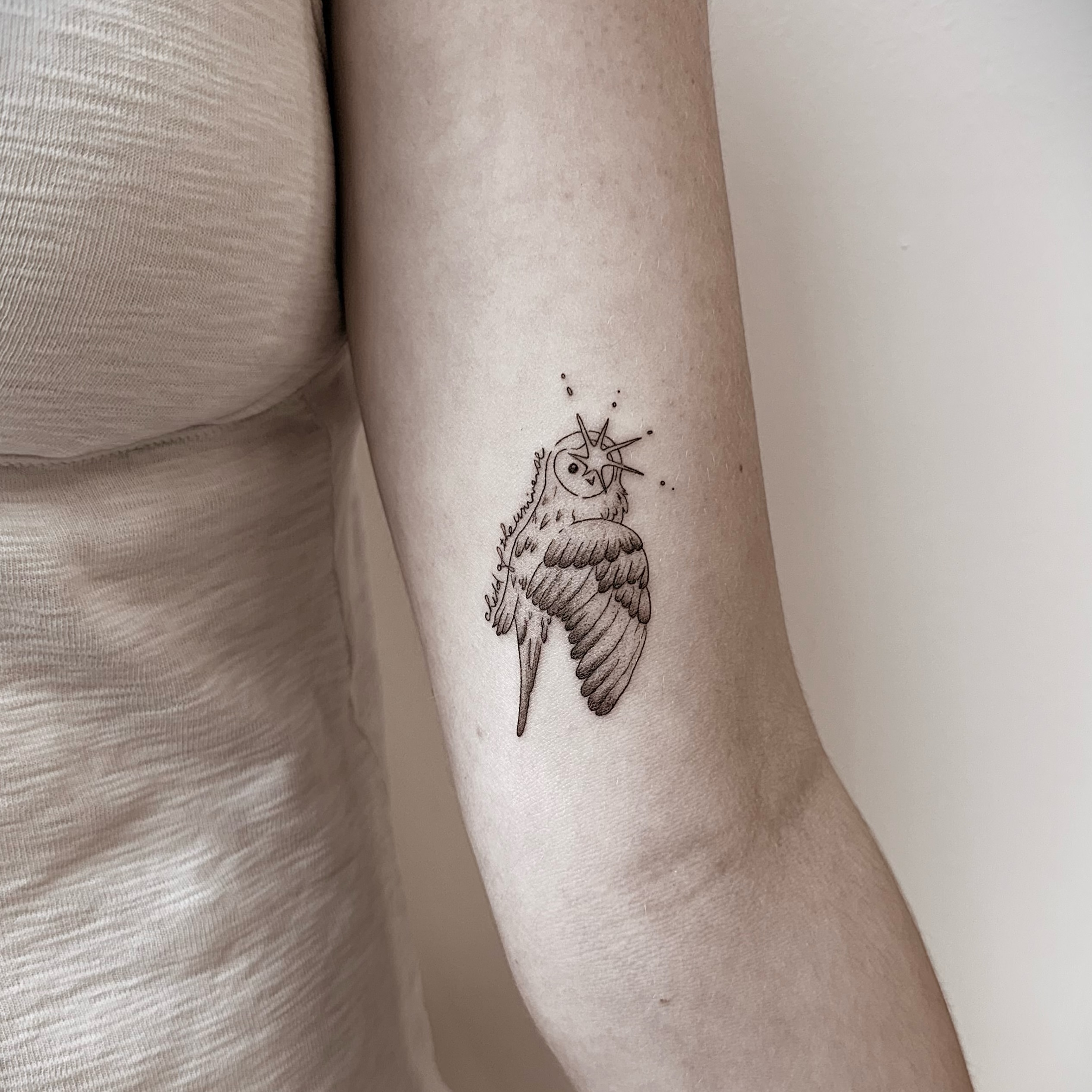 Owl dotwork tattoo on the forearm by Chanel Picquelle, Nashville, Tennessee