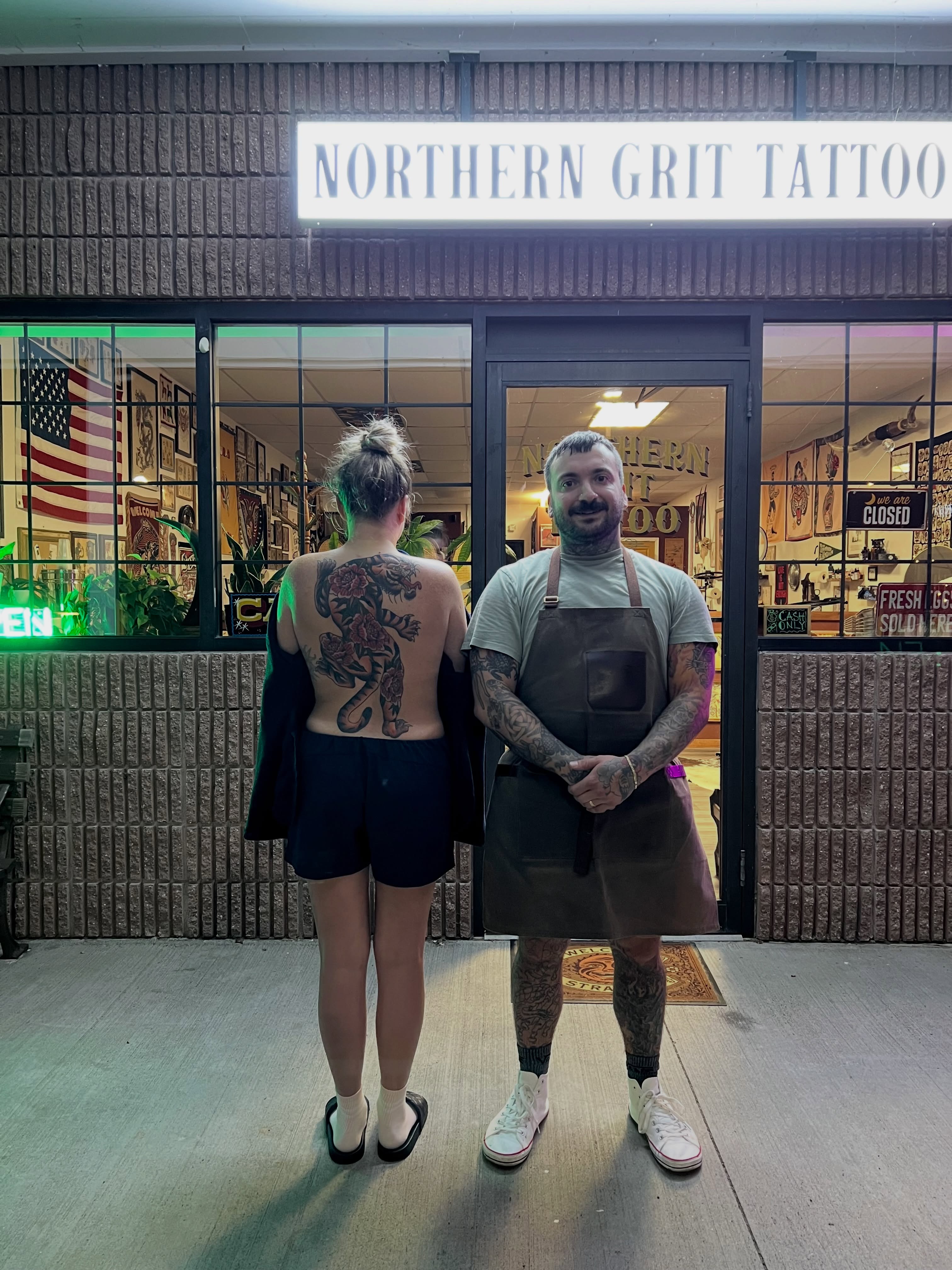 Tiger American traditional tattoo on the back by Christopher Durao