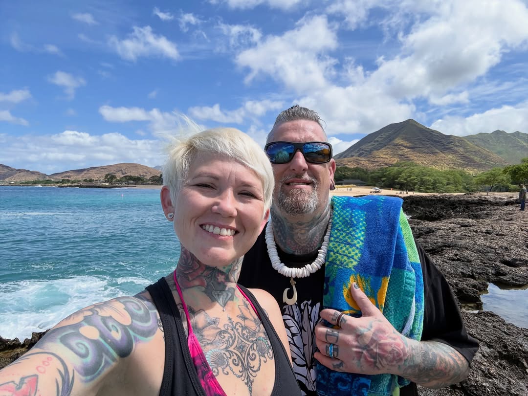 Tattooed couple American traditional tattoo on the torso by Darby Antonucci