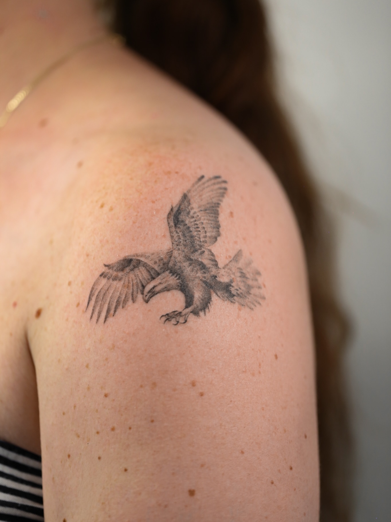 Eagle realism tattoo on the shoulder by Inna Petrova, Kitchener, Ontario