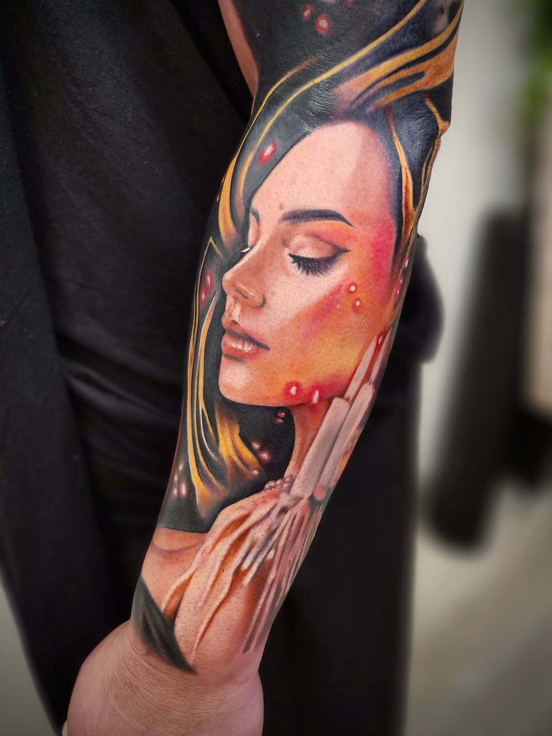 Portrait of a woman neo-traditional tattoo on the forearm by Su Kang