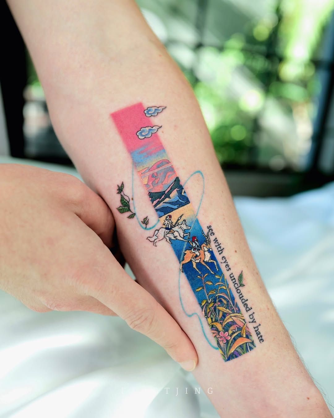 Landscape with horse and rider illustrative tattoo on the forearm by Seattle