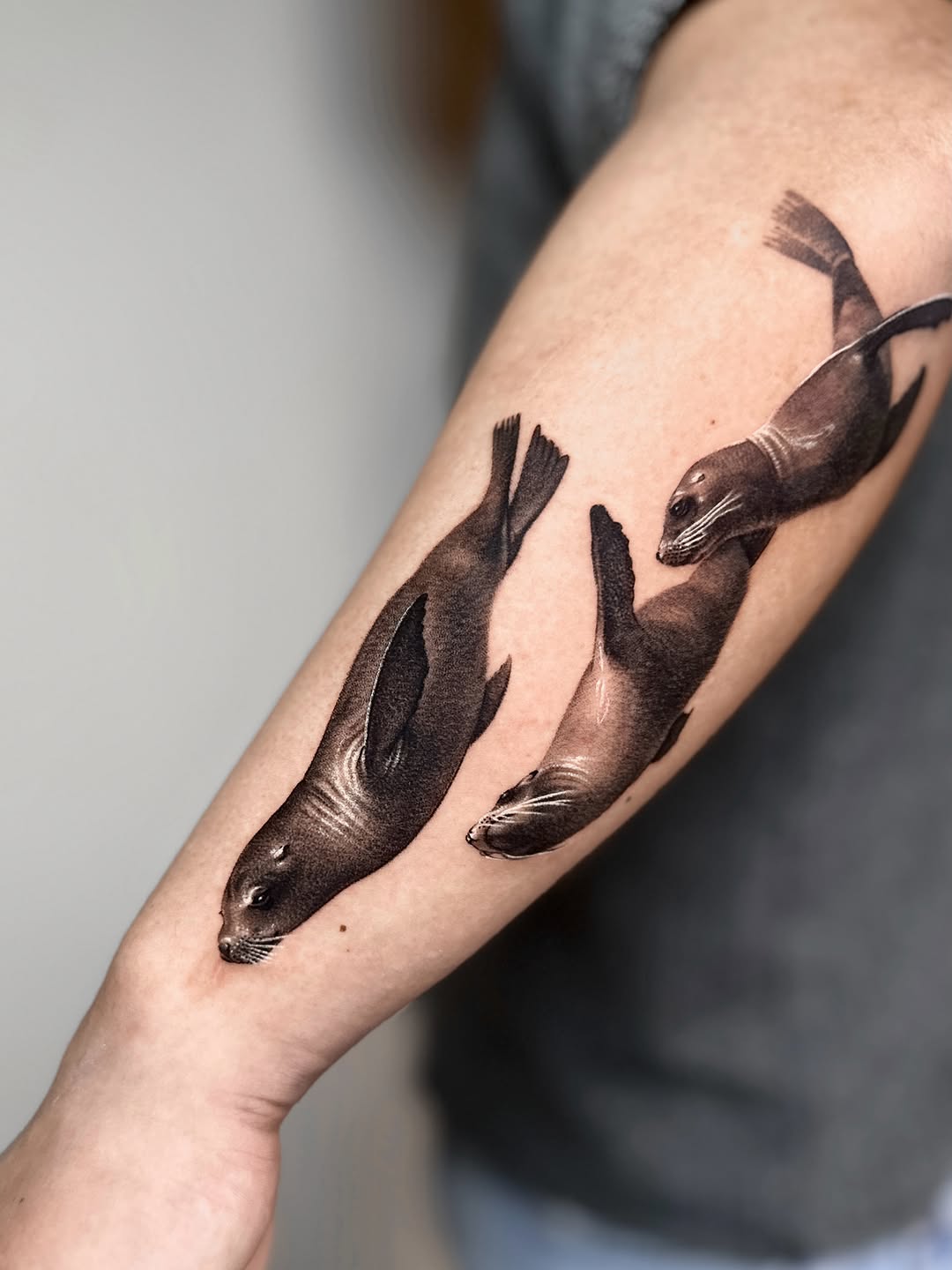 Three seals swimming fine line tattoo on the forearm by Saru