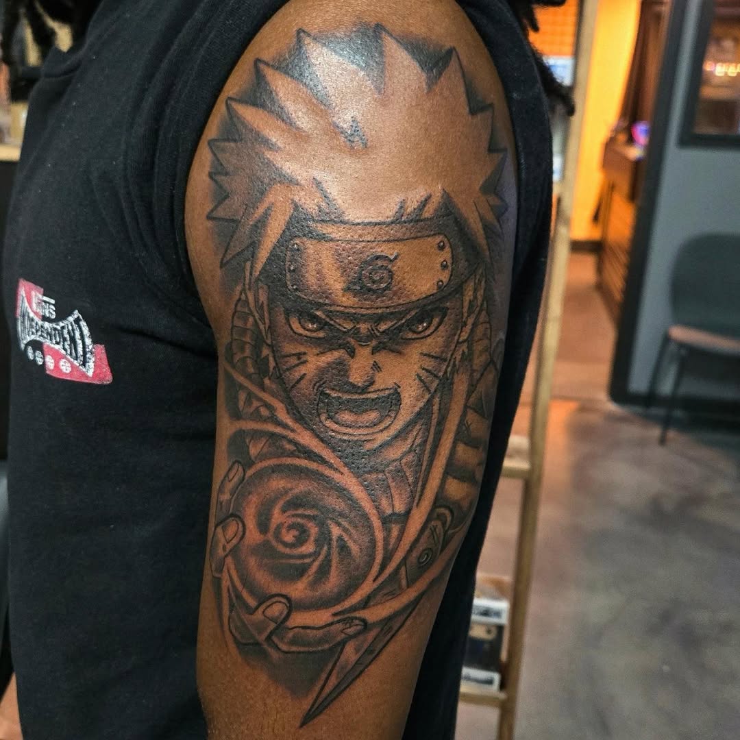 Tattoo by @thatdamcee — anime, black_and_grey
