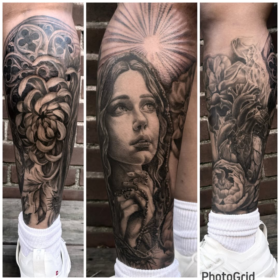 Woman with rosary and flowers Chicano tattoo on the forearm by Blake Van Vleck