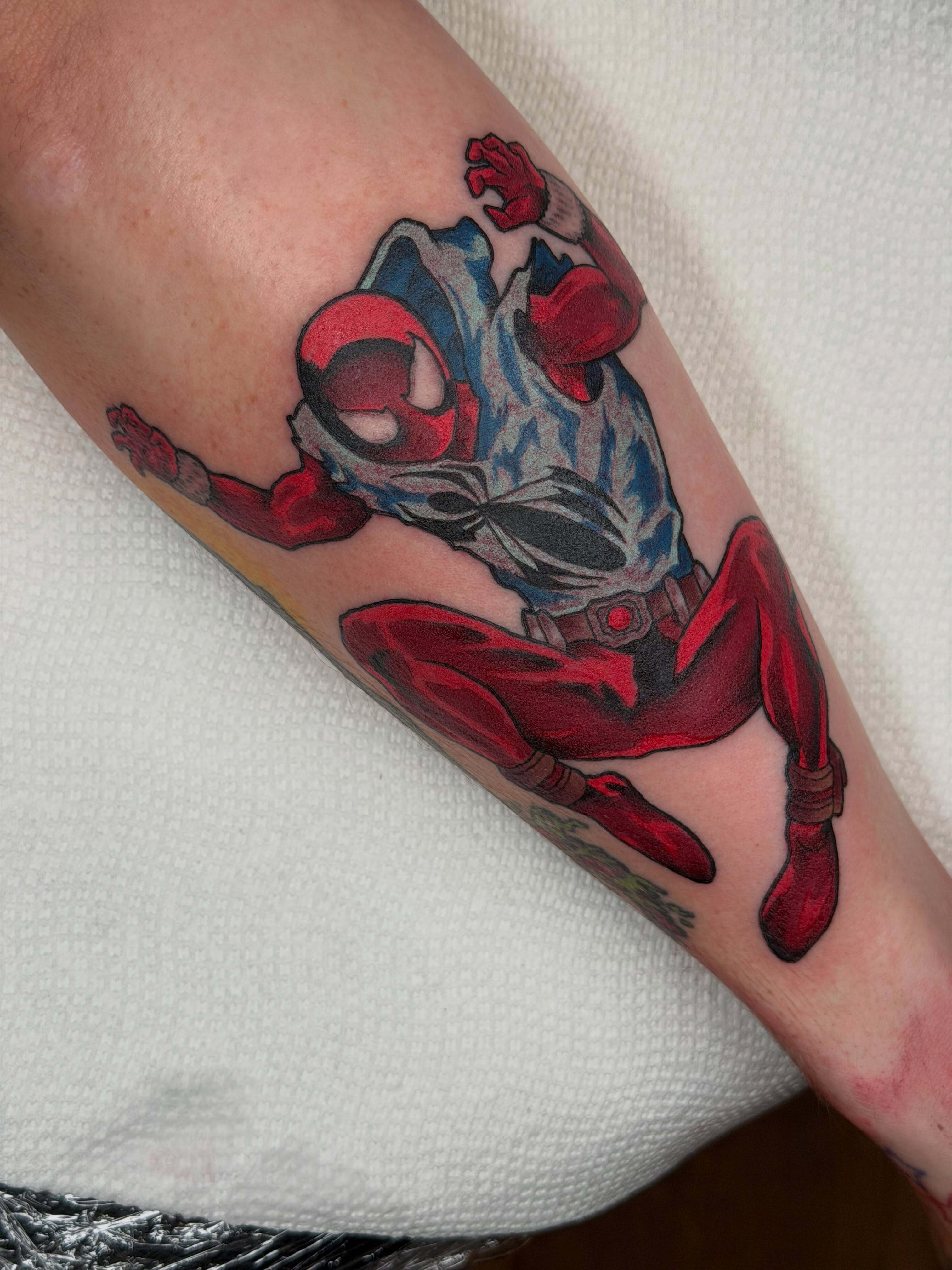 Deadpool new school tattoo on the forearm by Colbylee Tattoo Norwich