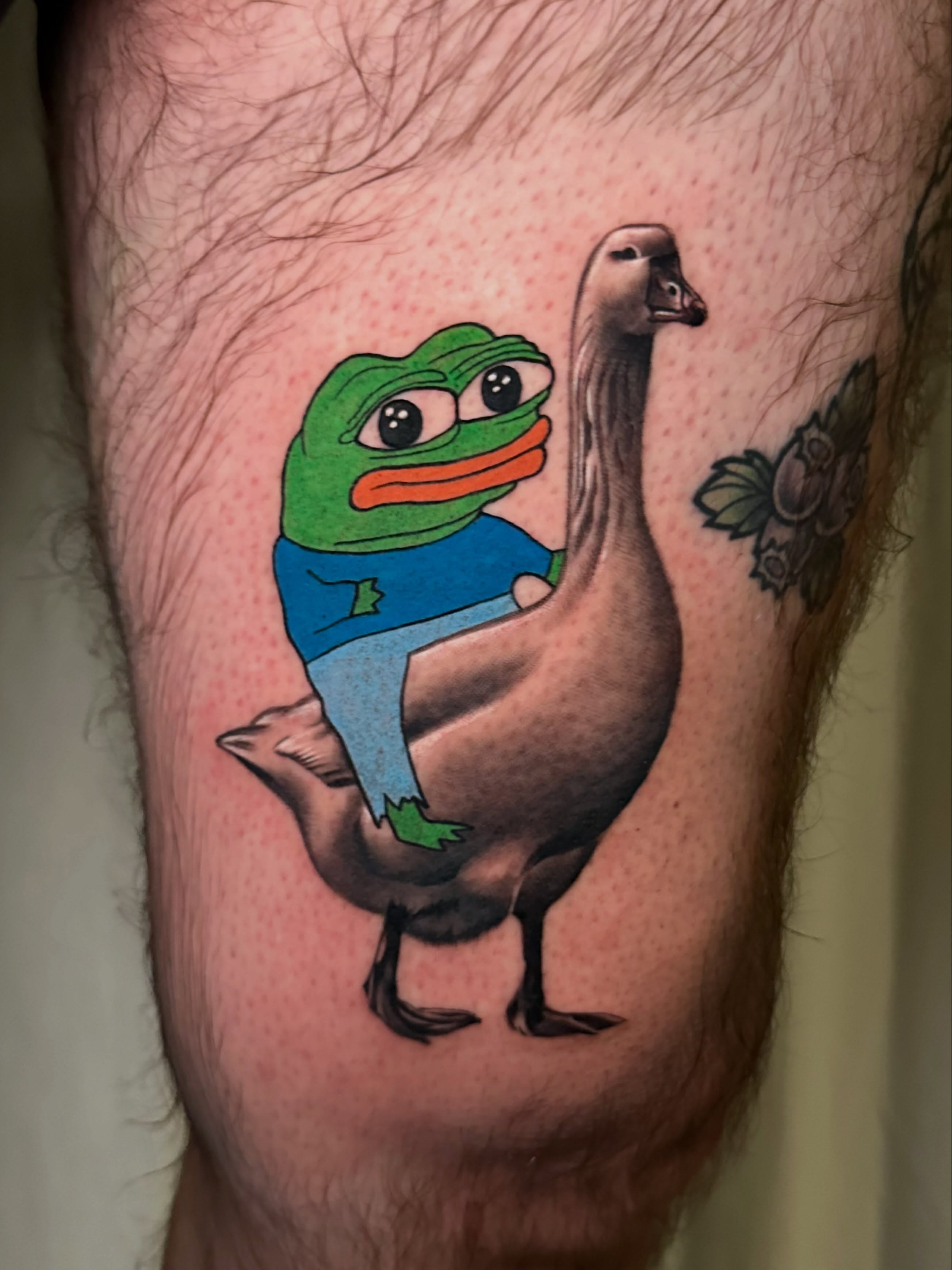 Pepe the frog riding a goose dotwork tattoo on the thigh by 🌿 Vicky Stoner 🌿