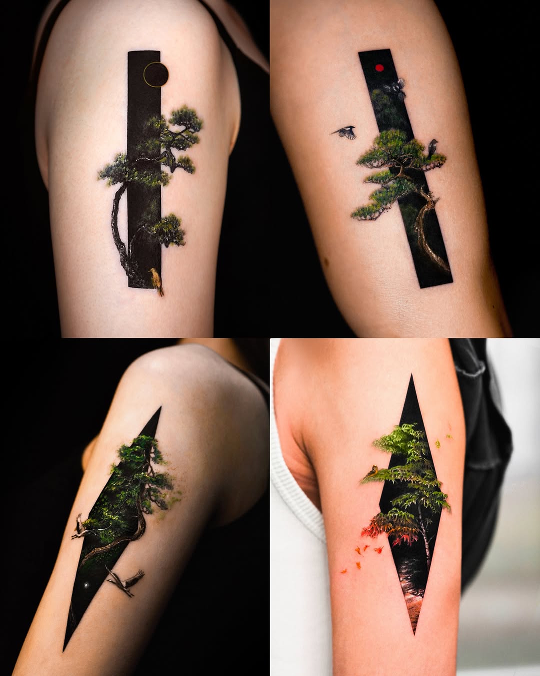 Bonsai tree in geometric frame watercolor tattoo on the forearm by Rizn