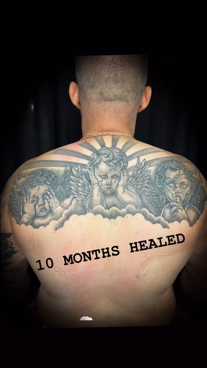 Angels and text realism tattoo on the back by Melissa Peña NYC