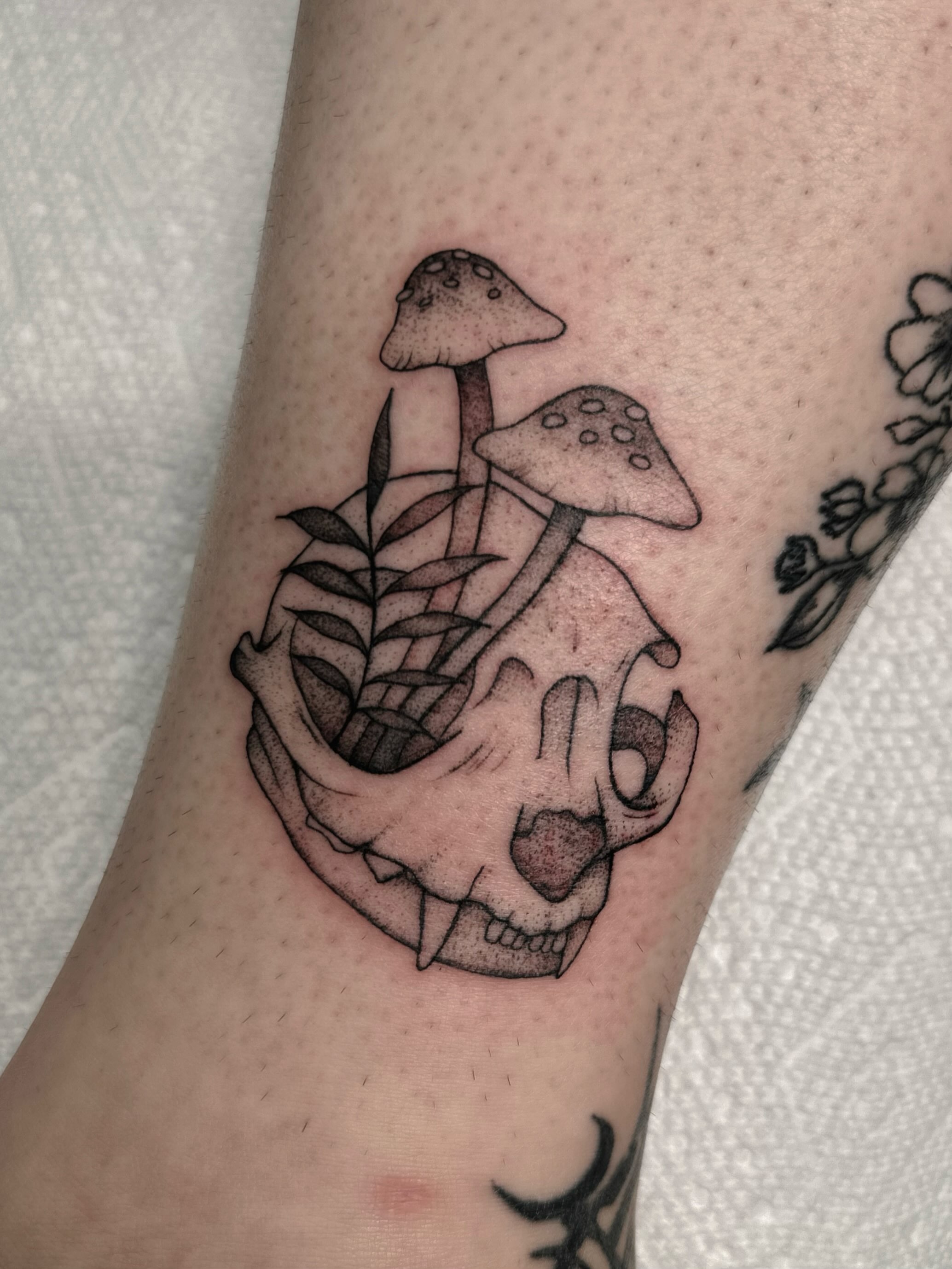 Tattoo by @shroomgrrrl — black_and_grey, realism