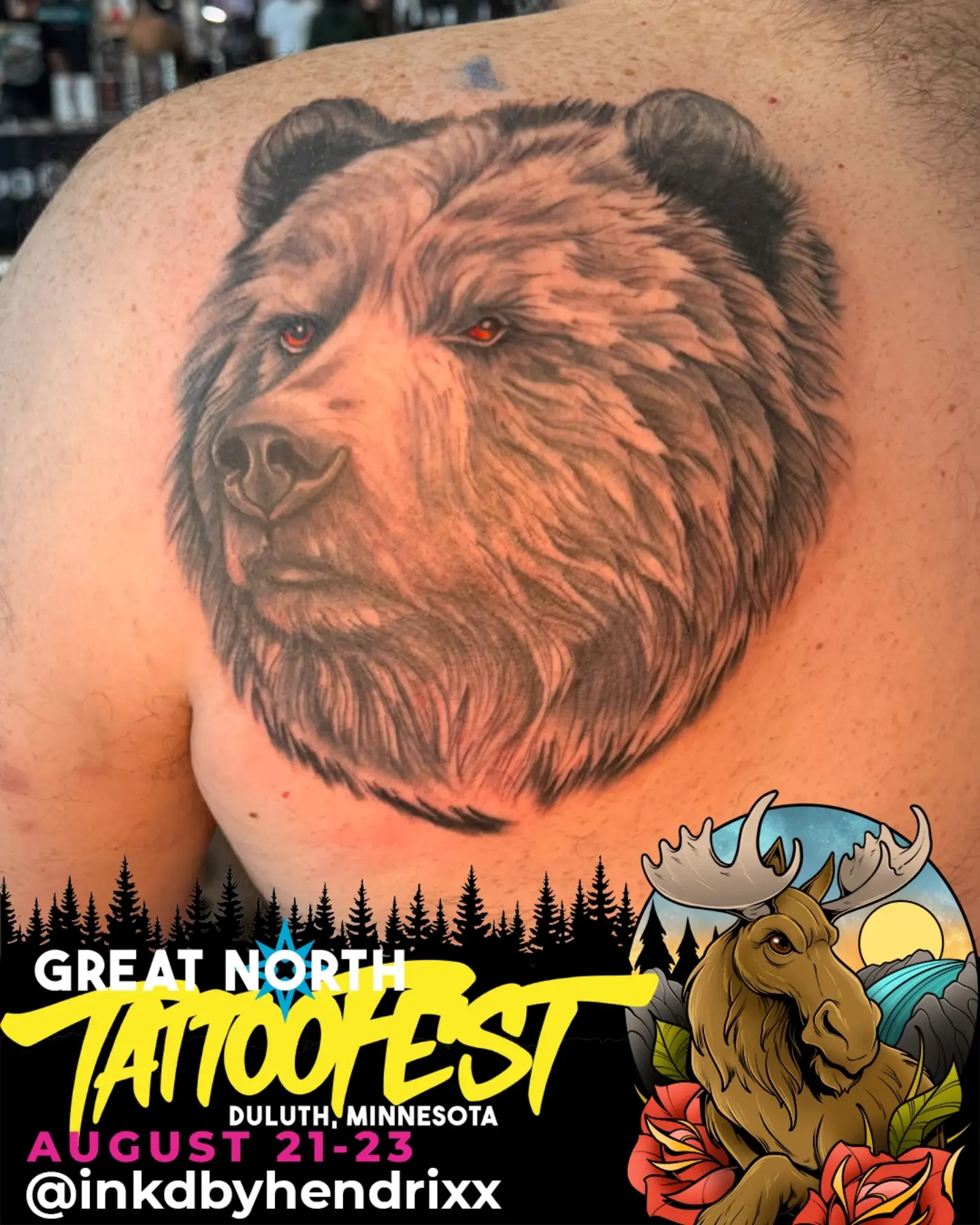Bear realism tattoo on the shoulder by InkdByHendrixx