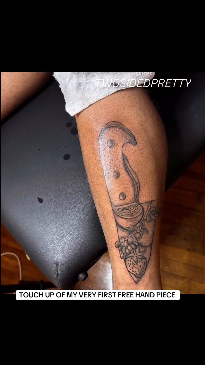 Knife and grapes tattoo on the leg by @twosidedpretty