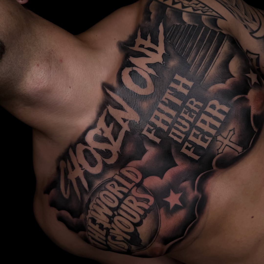 Script lettering lettering script tattoo on the chest by Elijah East