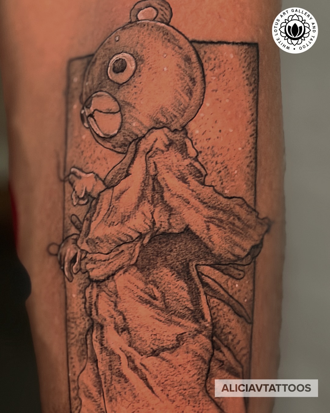 Doll black and grey tattoo on the forearm by Alicia Vasquez