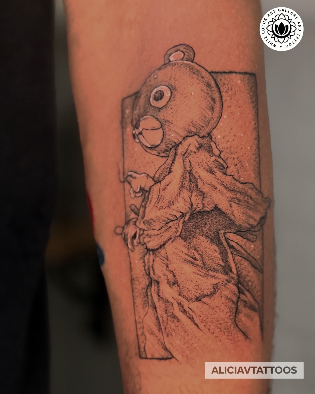 Doll dotwork tattoo on the forearm by Alicia Vasquez