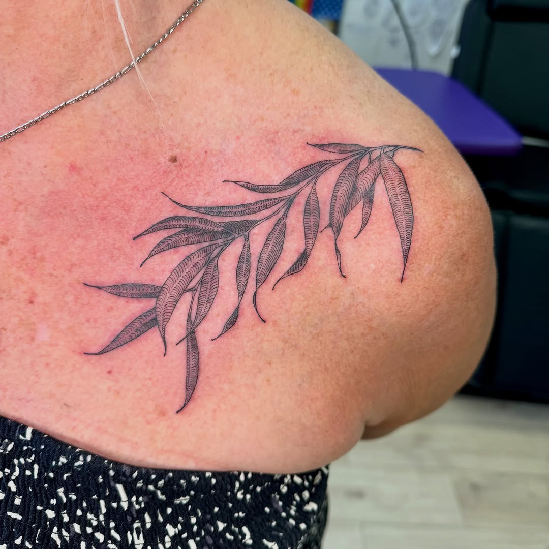 Willow branch fine line tattoo on the shoulder by Stvn Geyer, Urbandale, Iowa