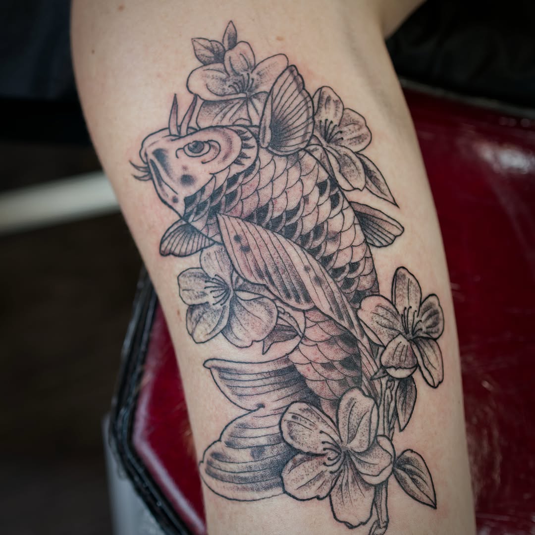 Tattoo by @chriscockadoodledo — japanese_irezumi, black_and_grey